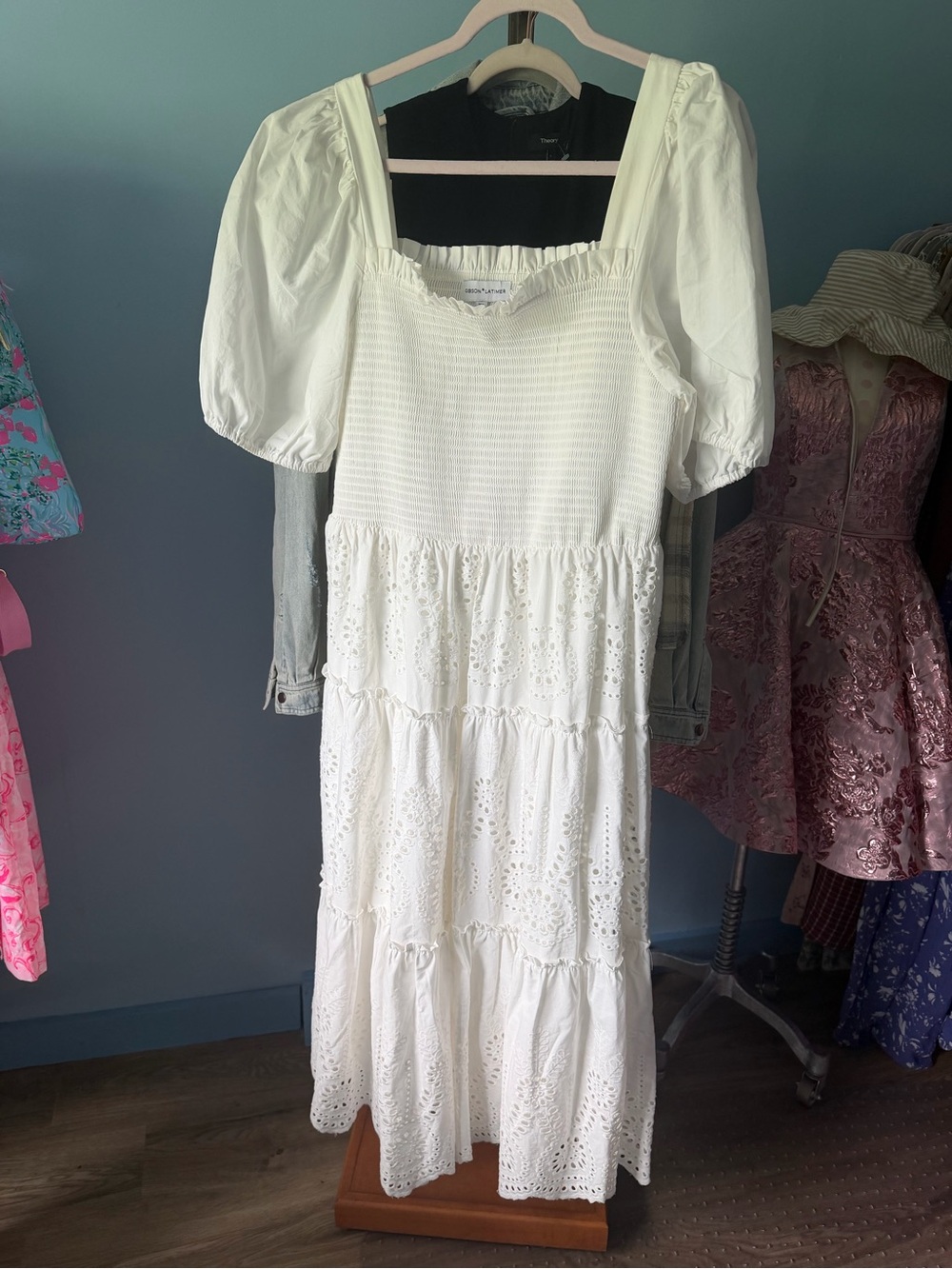 Gibson * Latimer white Eyelet Tiered Midi Dress with Puff Sleeves plus xxl